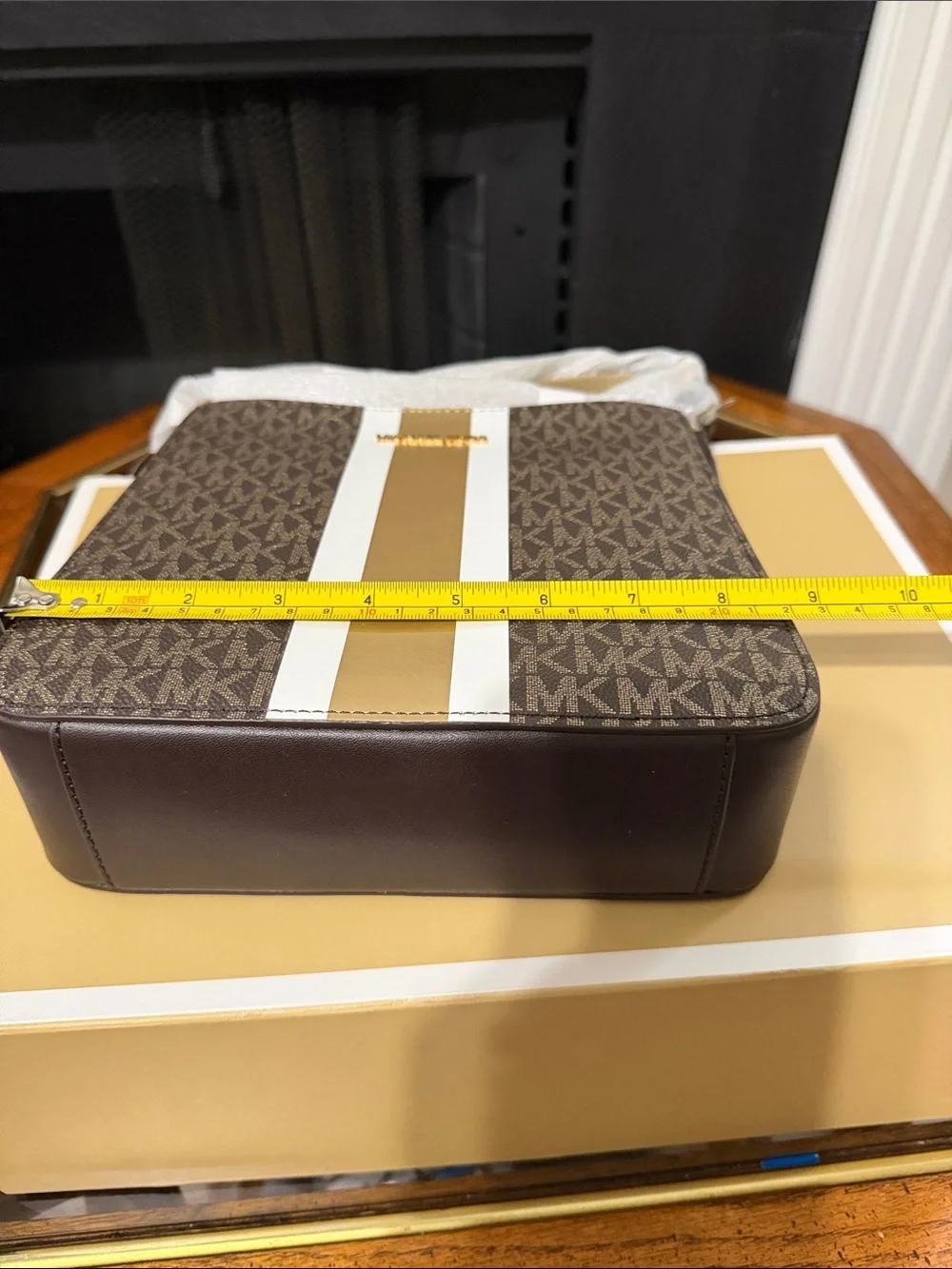 Michael Kors Brown Logo Messenger with White and Gold Stripe